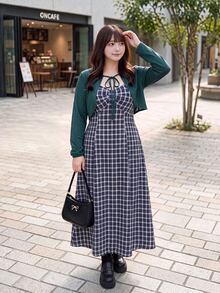 Bijouette Plus Size Korean Style Plaid Cami Dress With Lace-Up Long Sleeve Cardigan 2 Pieces Set Fall - Navy Blue - View 5