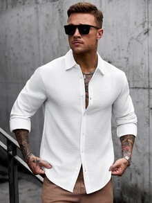 Manfinity CasualCool 男士白色單排扣極簡百搭通勤長袖襯衫 - 白色 - 查看 5
