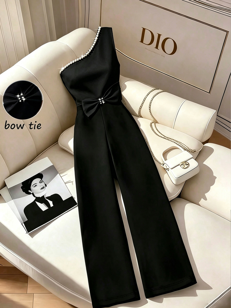 Elenzga Bowknot Color Block Shoulder Pearl Decor Jumpsuit, Elegant For Commuting, Daily Wear, Outing, Holiday - Black - View 4