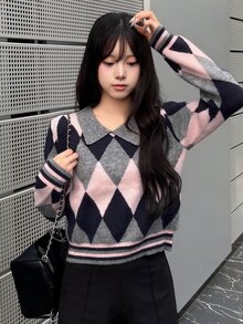 FRIFUL Women's Diamond Pattern Casual Preppy Daily Long Sleeve Sweater Brunch Grey Fall Winter - Grey - View 1