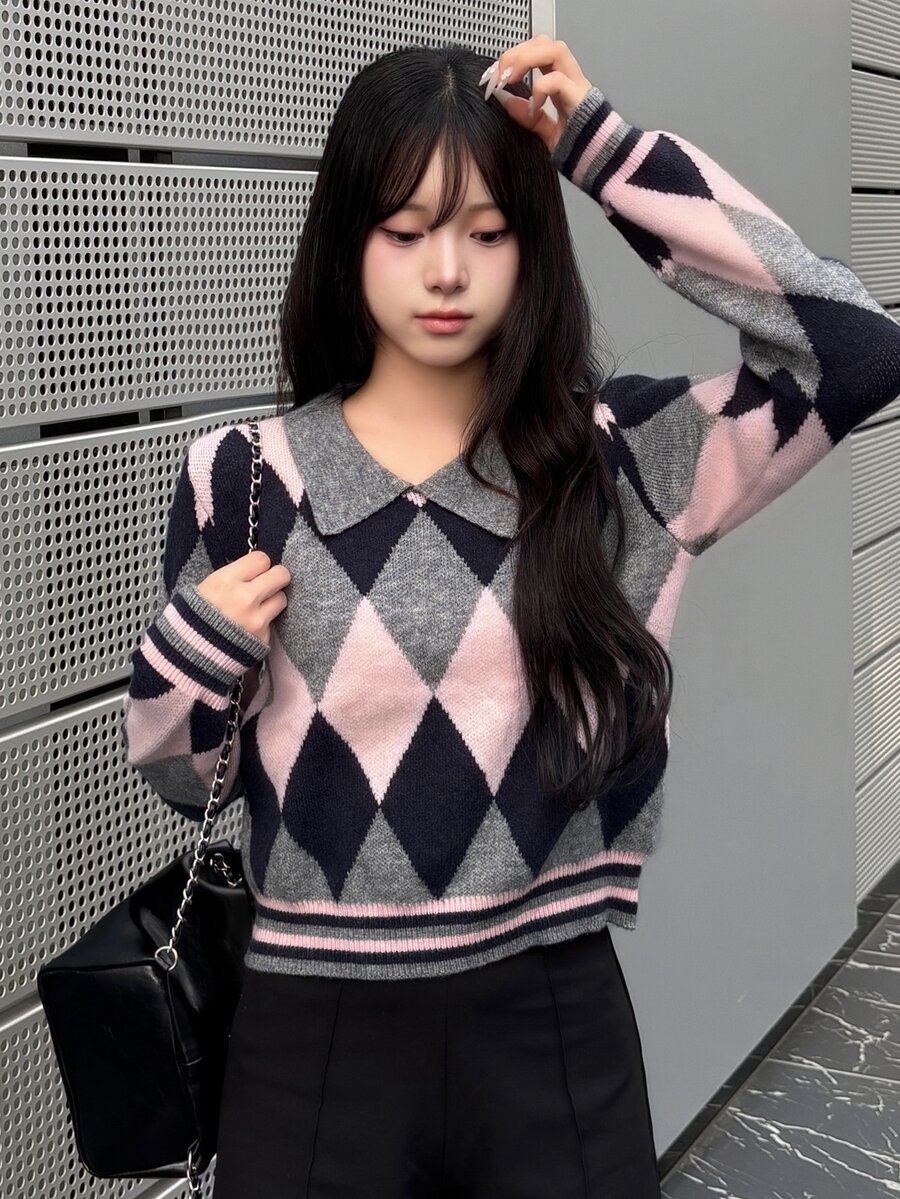 FRIFUL Women's Diamond Pattern Casual Preppy Daily Long Sleeve Sweater Brunch Grey Fall Winter - Grey - View 1