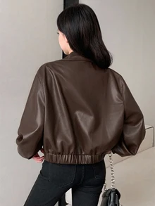 Joudiya 女款棕色短版機車夾克，休閒街頭戶外純色PU皮革夾克，秋季 - 棕色 - 查看 3