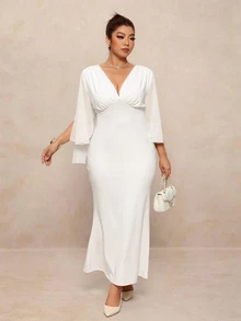 Elaquor Plus Size Sexy Elegant Pleated Fishtail Hem Dress - White - View 6
