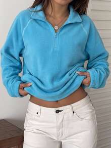 DAZY Women's Raglan Long Sleeve Zipper Half-Placket Casual Sweatshirt - Blue - View 4