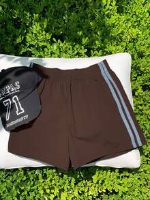 Comfortcana Women's Elastic Waist Striped Casual Shorts - Brown - View 4