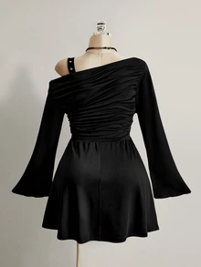 SHEIN ICON 大尺碼辣妹金屬扣褶皺長袖洋裝 - 黑色 - 查看 10