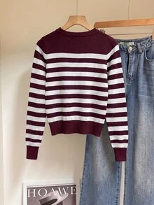 Muvela Striped Pattern Ribbed Knit Sweater,Long Sleeve Tops,Knitted Sweater In Fall/Winter Casual Burgundy/Wine - Burgundy - View 3