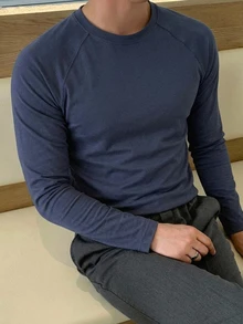 DAZY 春秋款男士海軍藍長袖圓領T恤 - 藏蓝色 - 查看 1