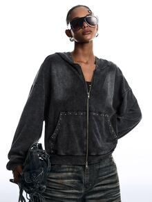 LYSMO Women's Fashion Punk Street Style Rivet Decor Zipper Front Drop Shoulder Loose Washed Sweatshirt - Black - View 8
