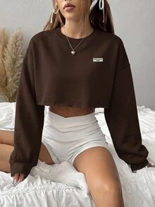 SHEIN EZwear 女款字母印花牛仔落肩長袖休閒短版衛衣 - 棕色 - 查看 1
