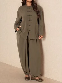 Elaquor Women's Plus Size Solid Color Long Sleeve Button Front Shirt And Wide Leg Pants Casual 2 Pieces Set Fall/Winter Casual Daily Going Out Office Sets - Army Green - View 4