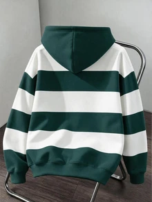 Daypath Men's Casual Green & White Striped Hoodie, Ribbed Hem - Multicolor - View 2