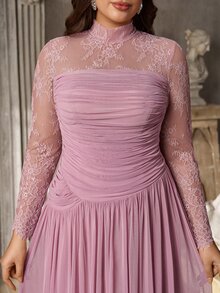 Serin Elegant Luxurious Stretch Lace Patchwork Decor With 3D Pleats, Floor-Length A-Line Formal Evening Gown For Vacation, Party, Birthday, Gala And Formal Occasions (Intricate Design) - Pink - View 2
