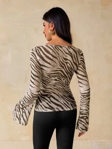 SHEIN Tall Women's Casual Zebra Print Mesh Bell Sleeve Fitted Top, Elegant Autumn/Winter Outfit - Khaki - View 2