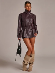 SHEIN BAE Jaket Wanita Elegan dengan Kancing, Kerah Tinggi, Lengan Panjang, Bahan PU - Coklat - View 1