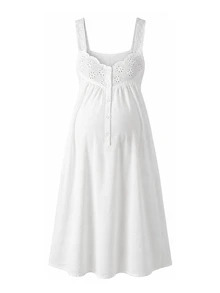 Moonlight&Mama Women's Floral Embroidered Hollow Button Design Pajamas, Loungewear Dress, Maternity Loungewear - White - View 4