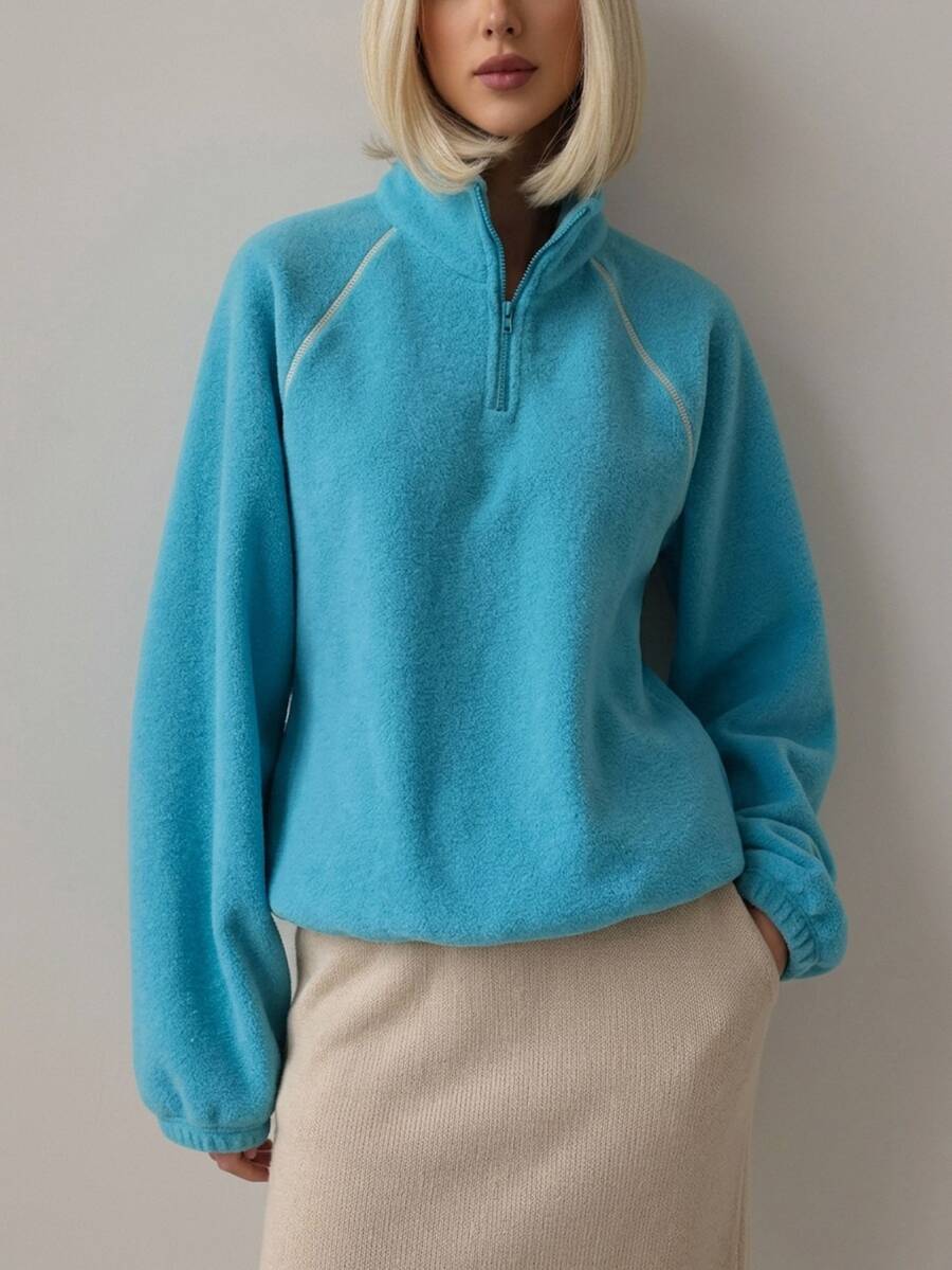 DAZY Women's Raglan Long Sleeve Zipper Half-Placket Casual Sweatshirt - Blue - View 1