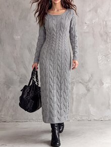 SHEIN فستان ضيق برقبة دائرية متعدد الاستخدامات محبوك بالكابلات بأكمام طويلة - رمادي - مشاهدة 1