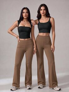 SHEIN Tall 女款純色修身百搭日常穿著喇叭褲 - 卡其色 - 查看 15