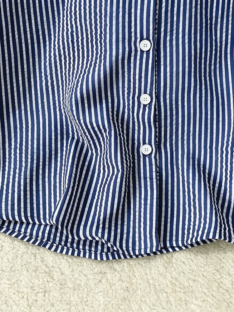 Franclia Women's Casual Daily Comfortable Bubble Stripe Puff Sleeve Blouse, Korean Style Striped Shirt For Everyday Wear And Layering - Navy Blue - View 4