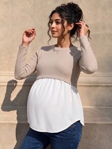 Momance Maternity Top Solid Color Round Neck Long Sleeve Casual Blouse For Outings And Home Wear Autumn - Apricot - View 6