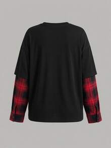 SHEIN 青少年女孩 T-Shirt 秋冬新款 2合1 黑色拼接格紋時尚圓領寬鬆長袖 T-Shirt 返校季街頭風 萬聖節聖誕節 - 黑色 - 查看 2