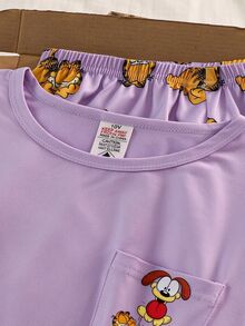 GARFIELD | SHEIN 少女口袋長袖上衣與卡通印花長褲套裝 - 淡紫色 - 查看 8