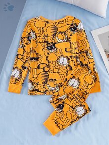 GARFIELD | SHEIN [Coffee Cat]2件組 男童時尚休閒經典黃色虎頭滿版印花圓領套頭長袖上衣與長褲，高彈性針織面料，修身舒適居家休閒套裝，適合居家與外出 - 黃色 - 查看 2