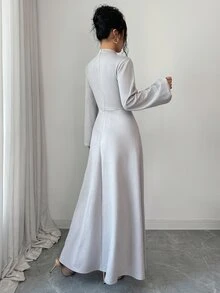 Yasmyna Women's Elegant Double-Breasted Long Sleeve Arabian Dress - Grey - View 2