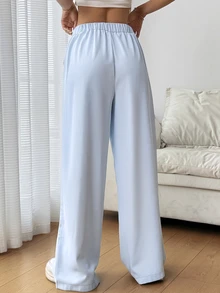 SHEIN EZwear 女款淺藍色高腰百褶寬腿長褲，夏季 - 淺藍色 - 查看 2