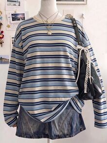 SHEIN EZwear 休閒簡約圓領長袖寬鬆T恤，適合夏季 - 藍色 - 查看 2
