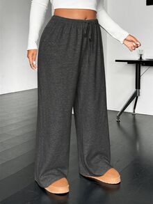 SHEIN EZwear 大尺碼休閒柔軟抽繩腰鬆直筒針織長褲 秋季健身正式灰色 - 深灰色 - 查看 4