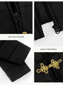 Linhara CURVE معطف مبطن بأسلوب فرنسي عتيق صيني جديد، نمط زهري ذهبي ثقيل، أزرار ضفدع، ياقة قائمة، مبطن قصير، مقاس كبير، مناسب للتنقل اليومي، التجمعات العائلية، حفلات أعياد الميلاد، زيارات العطلات - الأسود - مشاهدة 6