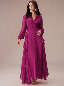 BELROSIE Lantern Sleeve Ruffle Trim Maxi Dress - Purple - View 4