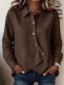 Zayélia French Style Asymmetrical Long Sleeve Shirt, Washed Textured Cotton Linen, Casual Commute Style, Misaligned Diagonal Collar With Contrast Color Wooden Buttons Design, Asymmetrical Hem, Loose Shoulder To Hide Body Shape, Versatile And Slimming - Brown - View 1