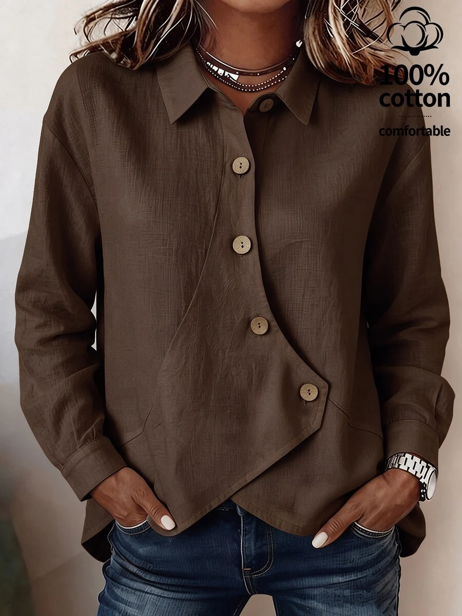 Zayélia French Style Asymmetrical Long Sleeve Shirt, Washed Textured Cotton Linen, Casual Commute Style, Misaligned Diagonal Collar With Contrast Color Wooden Buttons Design, Asymmetrical Hem, Loose Shoulder To Hide Body Shape, Versatile And Slimming - Brown - View 1