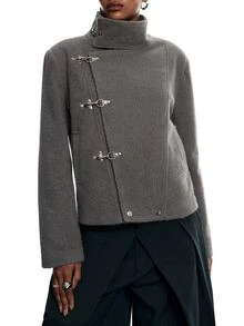 LYSMO Women's Solid Color Stand Collar Double Pocket Autumn/Winter Fashion Versatile Jacket With Airplane Buckle - Grey - View 8