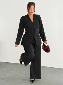 Firerie Plus Size Women's Spring/Autumn Elegant Fitted Blazer With Small Stand Collar, Single-Breasted Button, Pocket Design, Cinched Waist And Long Sleeves - Black - View 4
