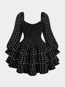 Sweetra CURVE Plus Size Autumn/Winter Fashion Colorblock Polka Dot Waist-Cinched Slimming Casual Long Sleeve Tiered Dress Fall Christmas - Black - View 2
