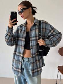 DAZY Women's Casual Vacation Button-Up Plaid Long Sleeve Shirt - Khaki - View 7
