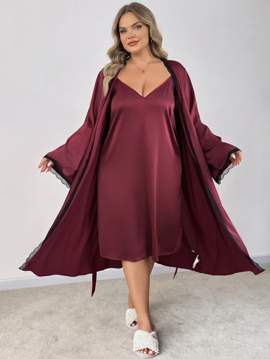 SHEIN CURVE+ Women's Plus Size 2 Pieces Set 22W, Long Sleeve Jacket + Dress - Burgundy - View 1