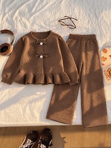Girls' Autumn Knit Set, Heart Hollow Bow Cardigan + Draped Straight Leg Pants, Soft Coffee Color 2 Pieces Set - Coffee Brown - View 1