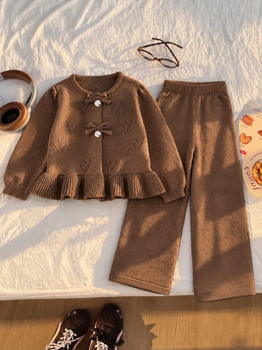 Girls' Autumn Knit Set, Heart Hollow Bow Cardigan + Draped Straight Leg Pants, Soft Coffee Color 2 Pieces Set - Coffee Brown - View 1