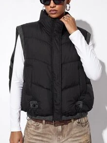 Aveloria GENKIRA Casual Quilted Sleeveless Jacket With Stand Collar, Zipper And Snap Button Placket, Drawstring Hem, Patch Pockets, Cotton Vest - Black - View 6