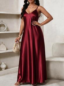 SHEIN Lady CURVE Plus Size Elegant Satin Spaghetti Strap Evening Dress - Burgundy - View 5