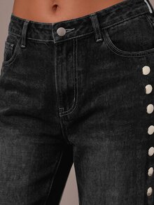 Athîral Denim 女款時尚鉚釘鈕扣寬鬆牛仔褲 - 黑色 - 查看 3