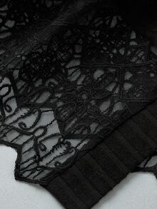 EMERY ROSE Plus Size Women's Best-Selling Elegant Ribbed Brushed Lace Trim Patchwork Mid-Length Shawl Cardigan, Minimalist Slimming Cut Design, Suitable For Daily Commute, Outings, Dates And Gatherings - Black - View 5