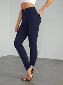 SHEIN Tall 女款休閒極簡純色高腰修身長褲 - 藏蓝色 - 查看 7