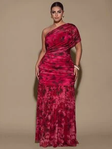 SHEIN BAE CURVE Plus Size Women's One Shoulder Ruched Casual Party Dress - Pink - View 1