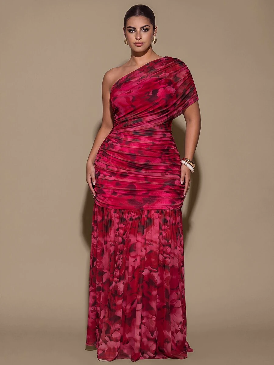 SHEIN BAE CURVE Plus Size Women's One Shoulder Ruched Casual Party Dress - Pink - View 1